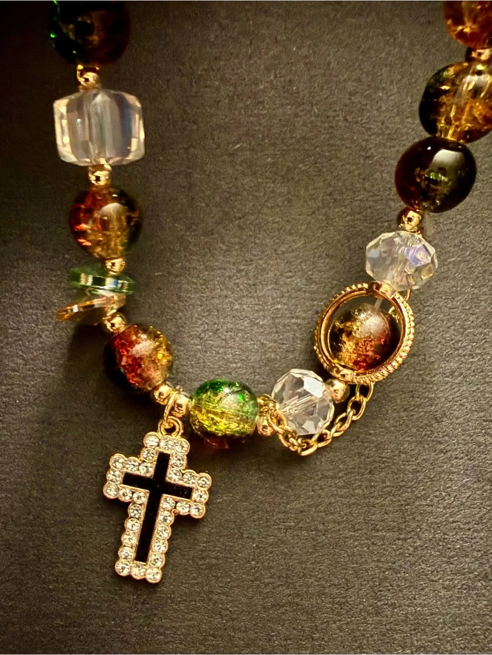 Multicolor Glass Bead Bracelet Set with Crystal Cross Charms - Picture 3 of 3